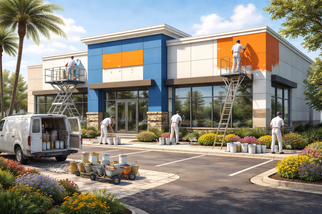 painters working on modern commercial building